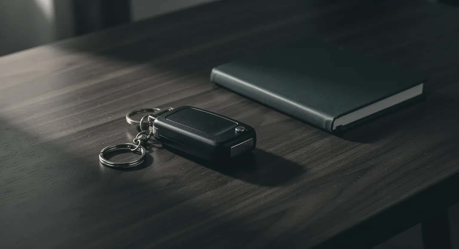 O cheie de mașină pe o masă goală de lemn închis, lângă un carnet verde, în lumina serii