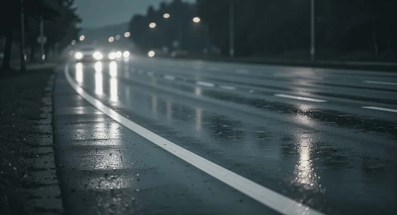 Un drum ud noaptea, cu marcaje albe și lumini de faruri estompate
