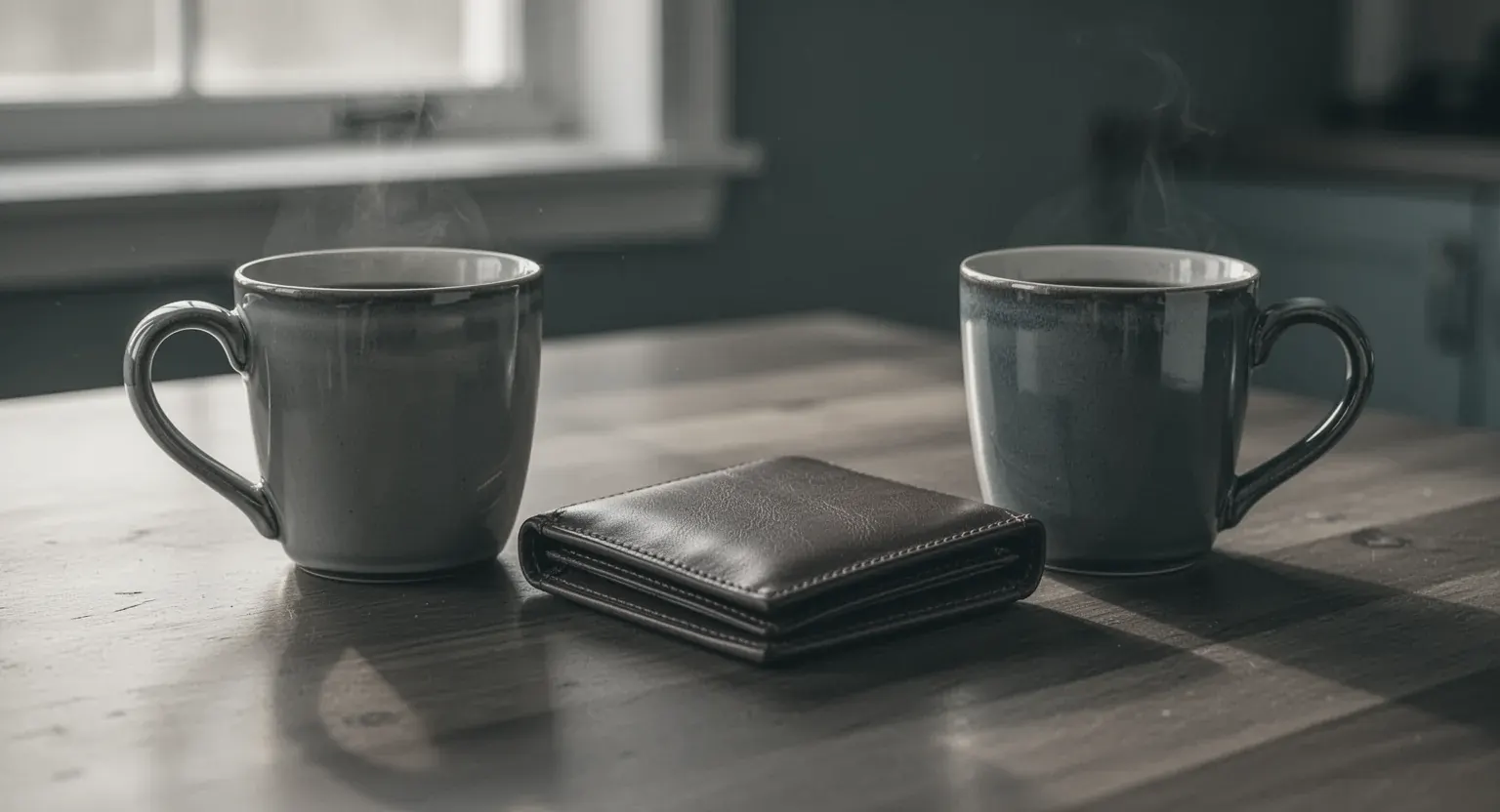 Două căni de cafea pe o masă de bucătărie, cu toartele în direcții opuse, și un portofel închis între ele