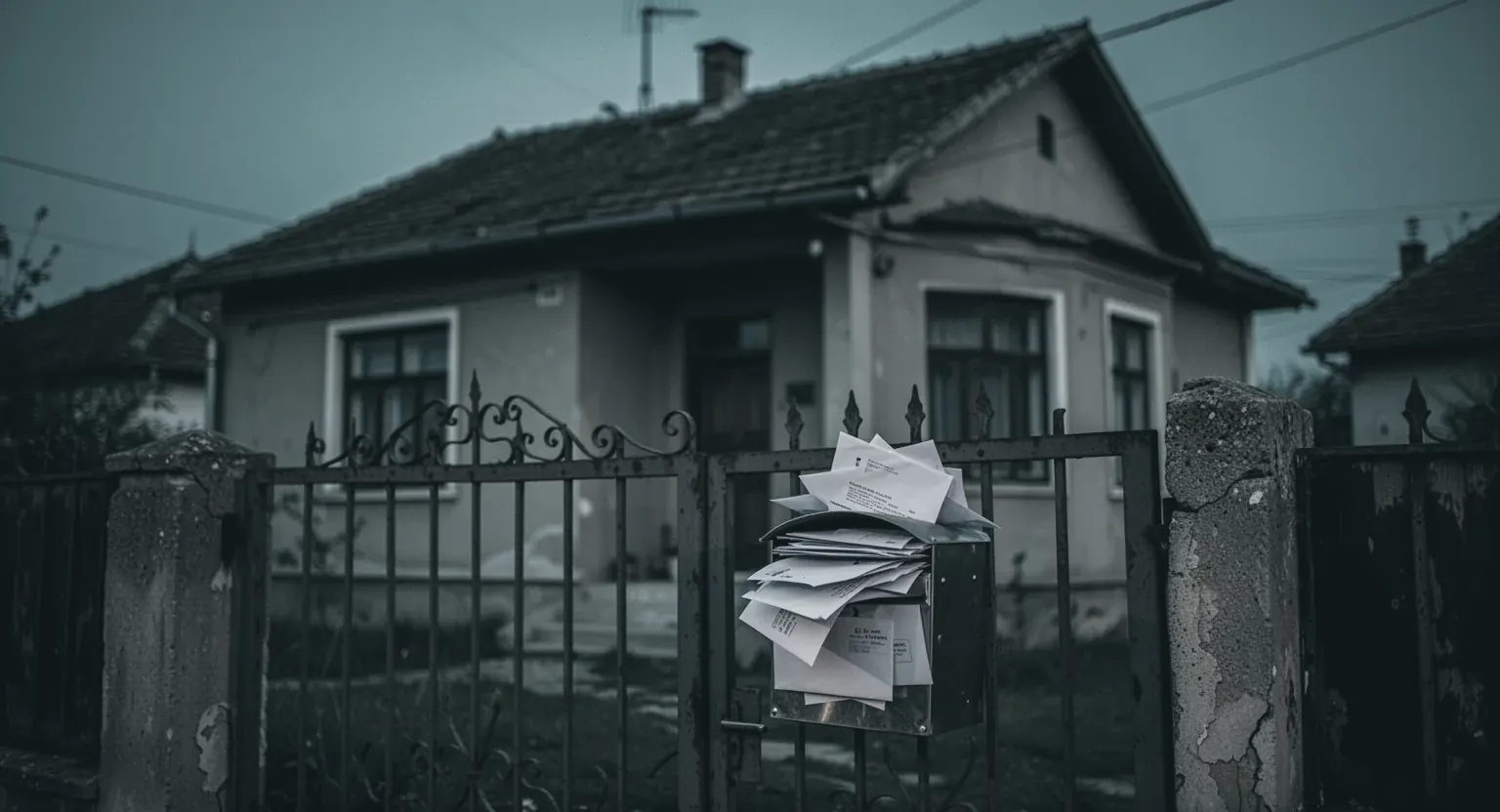 O casă obișnuită la amurg, cu ferestrele stinse, și o cutie poștală plină de plicuri pe poarta de fier
