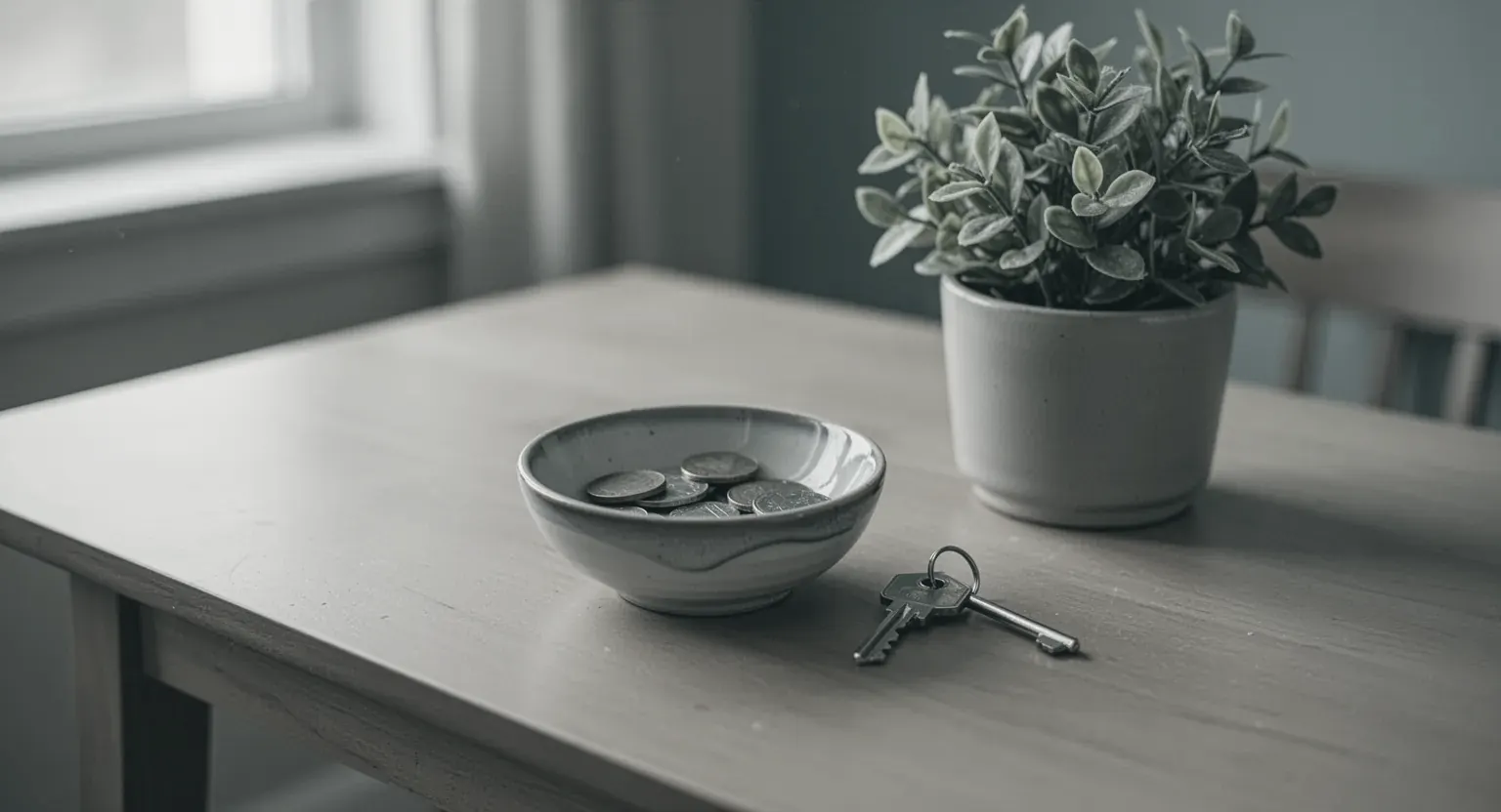 Un bol de ceramică cu câteva monede și o cheie pe o masă de lemn, lângă o plantă