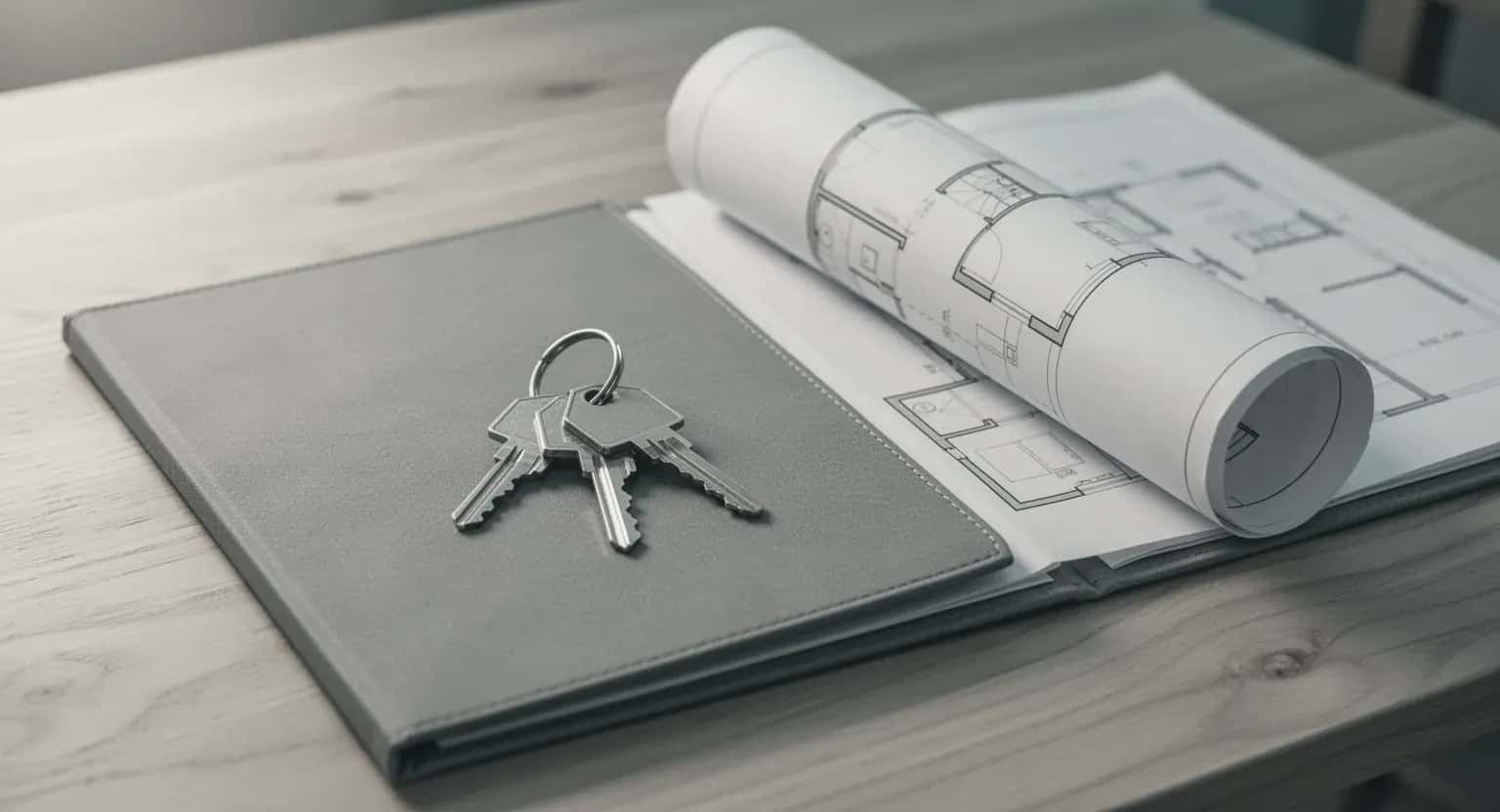 Chei pe o mapă cu acte, lângă planurile rulate ale unui apartament