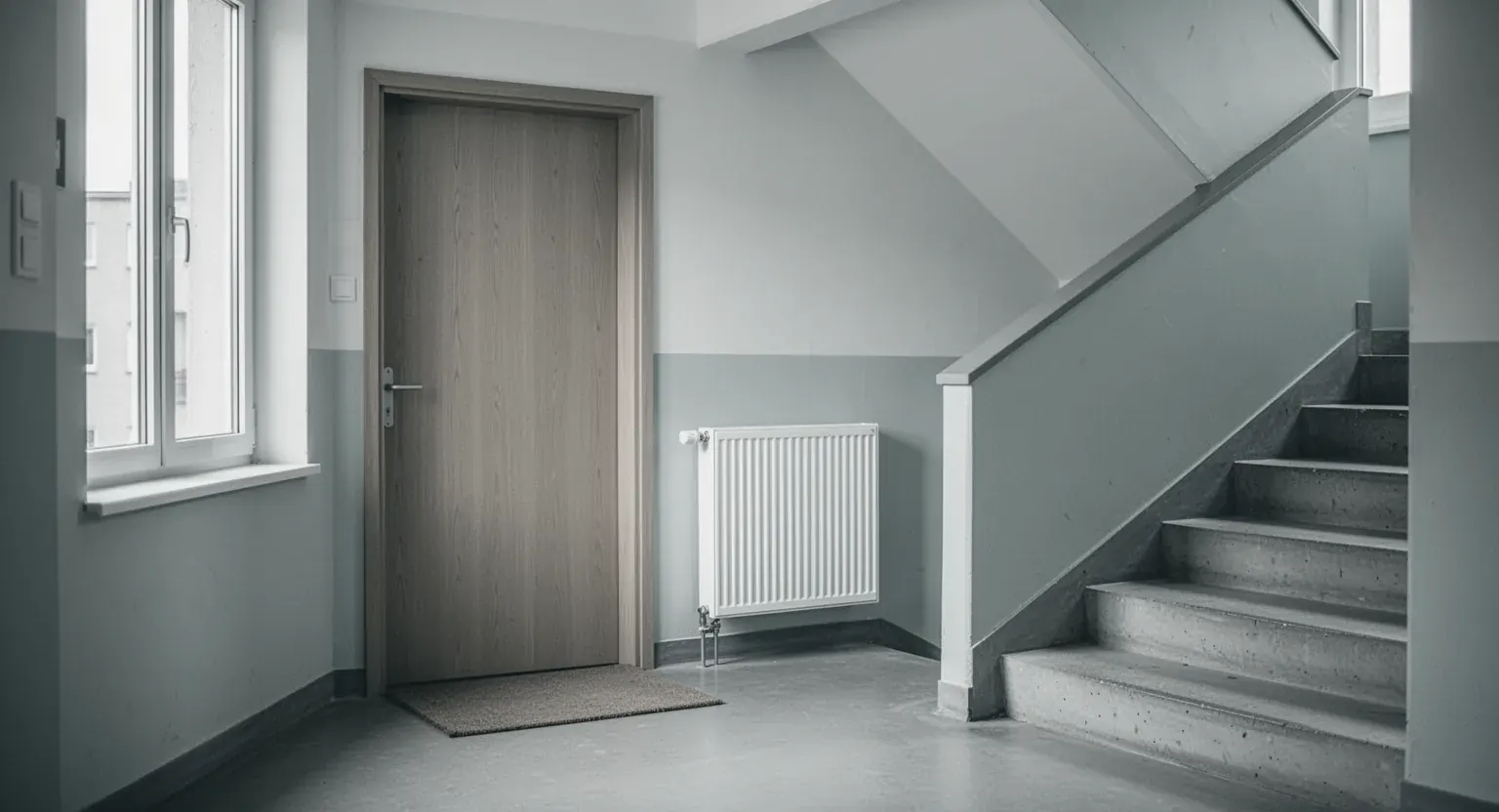 Palierul unui bloc, cu ușa unui apartament, un calorifer și scările spre etaj