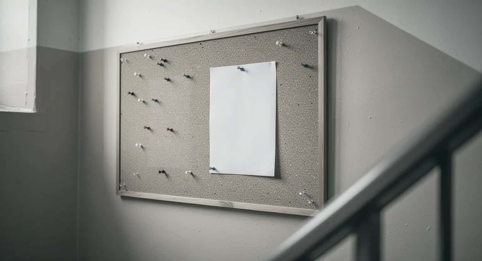 Un avizier de plută pe casa scării unui bloc, cu pioneze colorate și o foaie albă