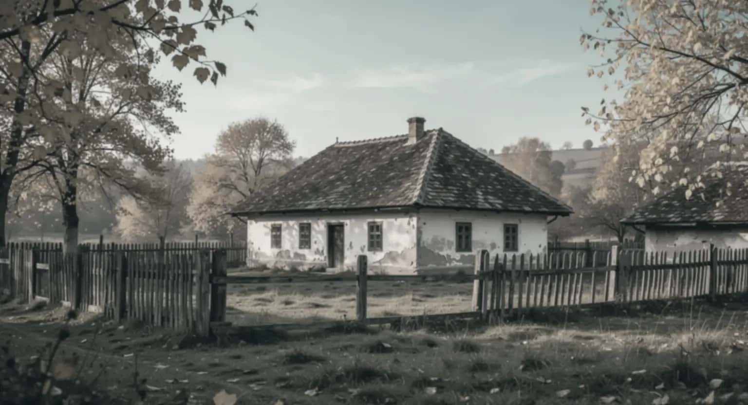 O casă veche de la țară cu gard de lemn și un teren cu iarbă, toamna