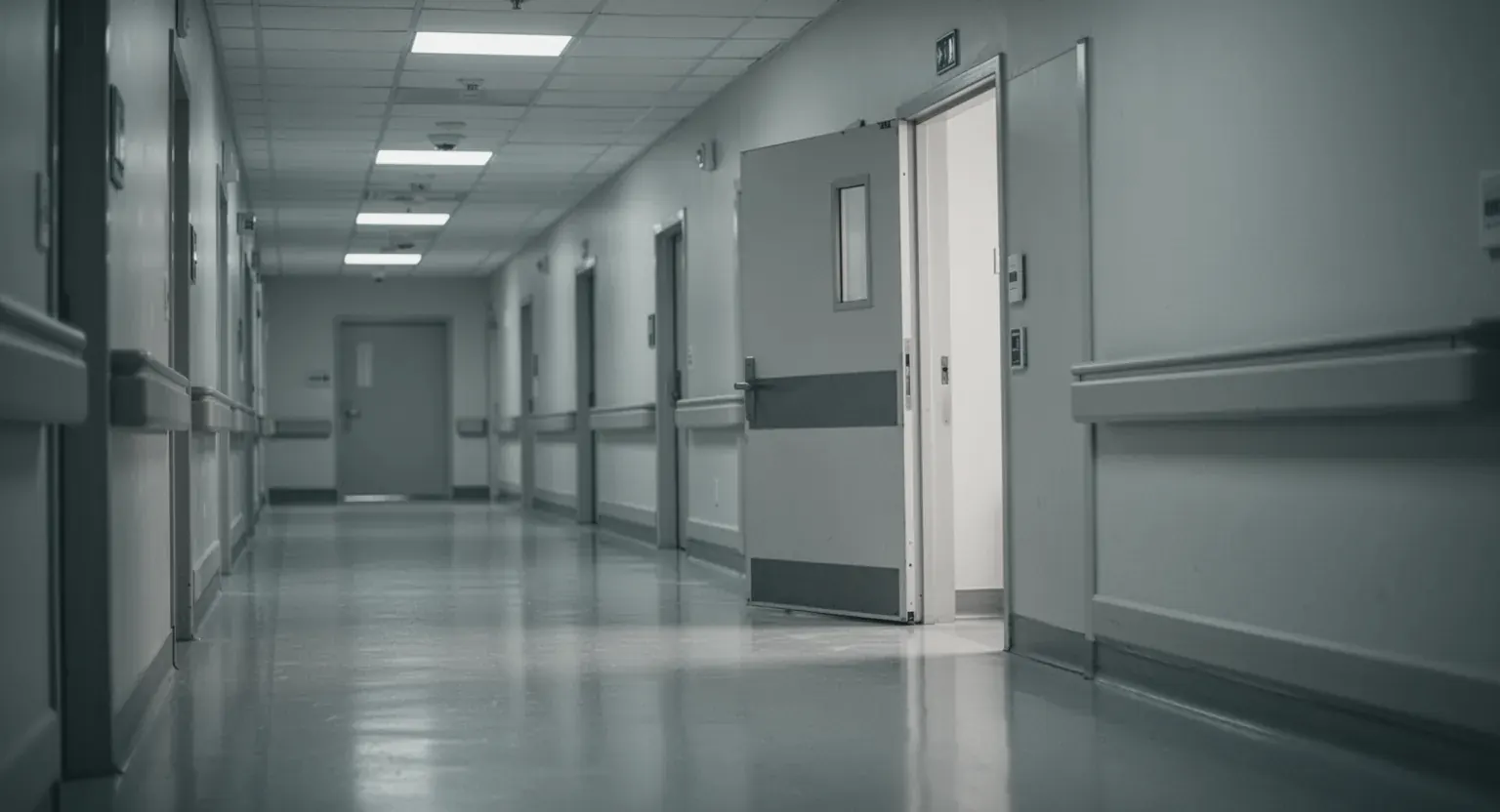 Un hol de spital gol, în lumină rece, cu o ușă întredeschisă