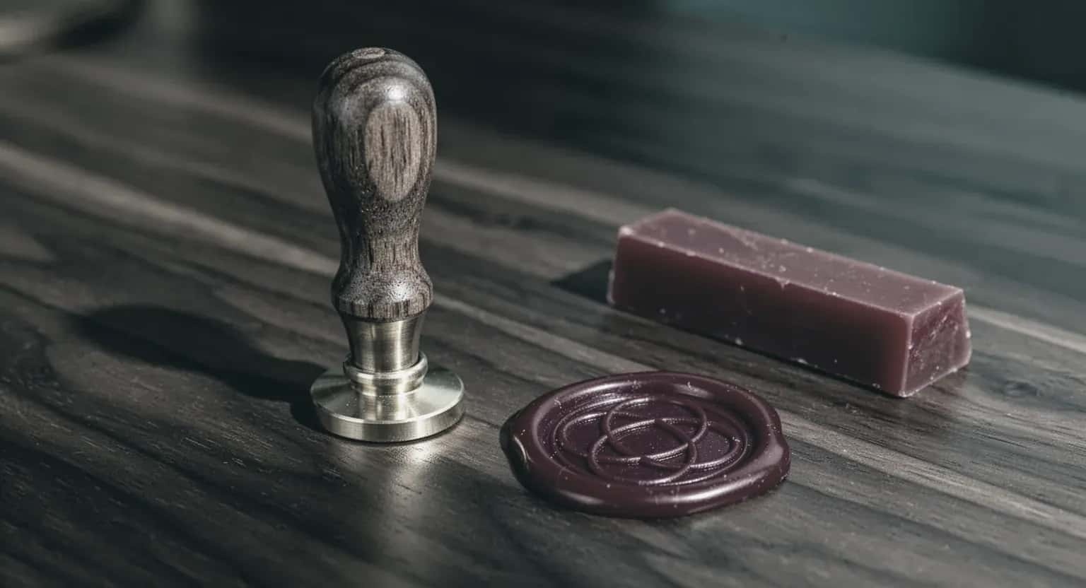 Un sigiliu cu mâner de lemn, o amprentă de ceară roșie cu un model abstract și un baton de ceară