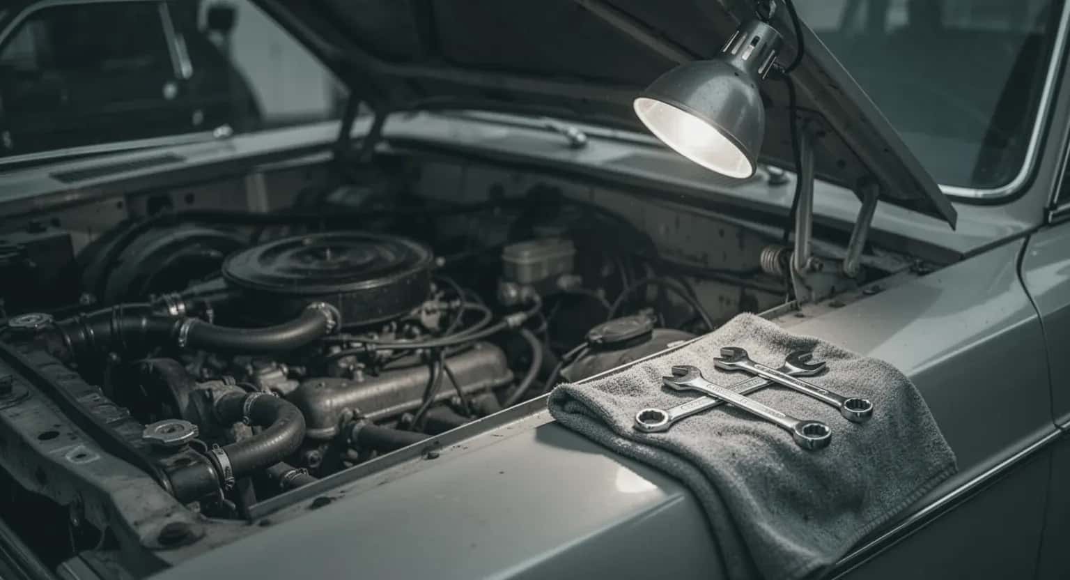 Motorul unei mașini vechi cu capota ridicată, o lampă de lucru și chei fixe pe o cârpă