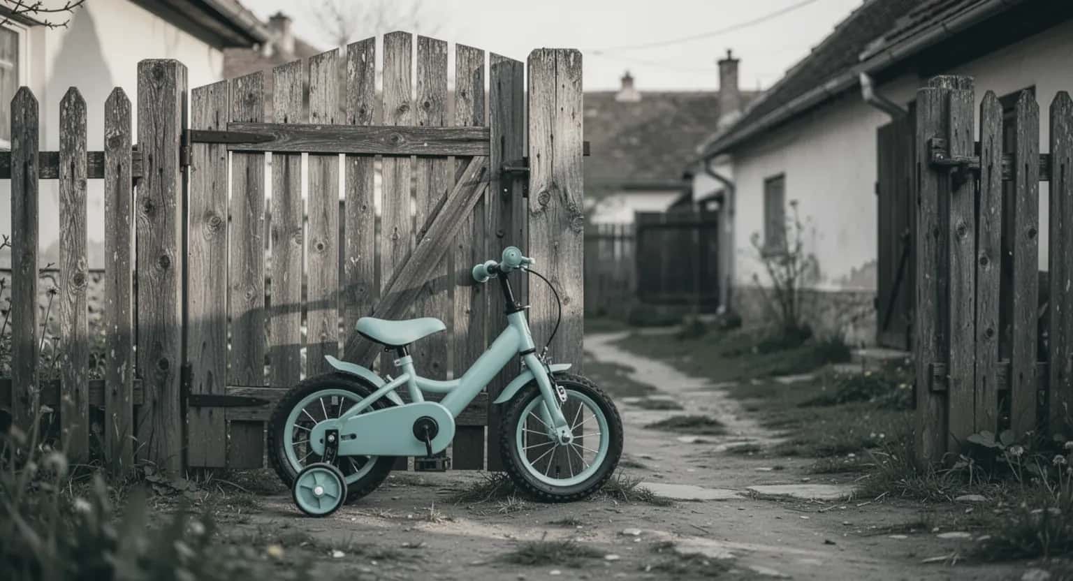 O bicicletă mică de copil sprijinită de o poartă de lemn închisă