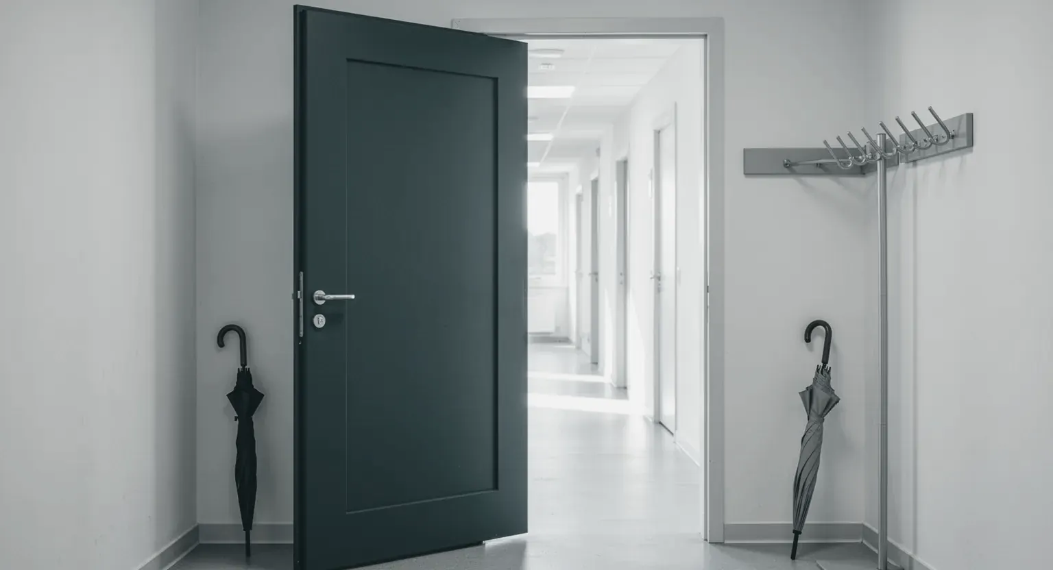 O ușă de birou întredeschisă spre un coridor luminos, cu un cuier gol și o umbrelă sprijinită de perete