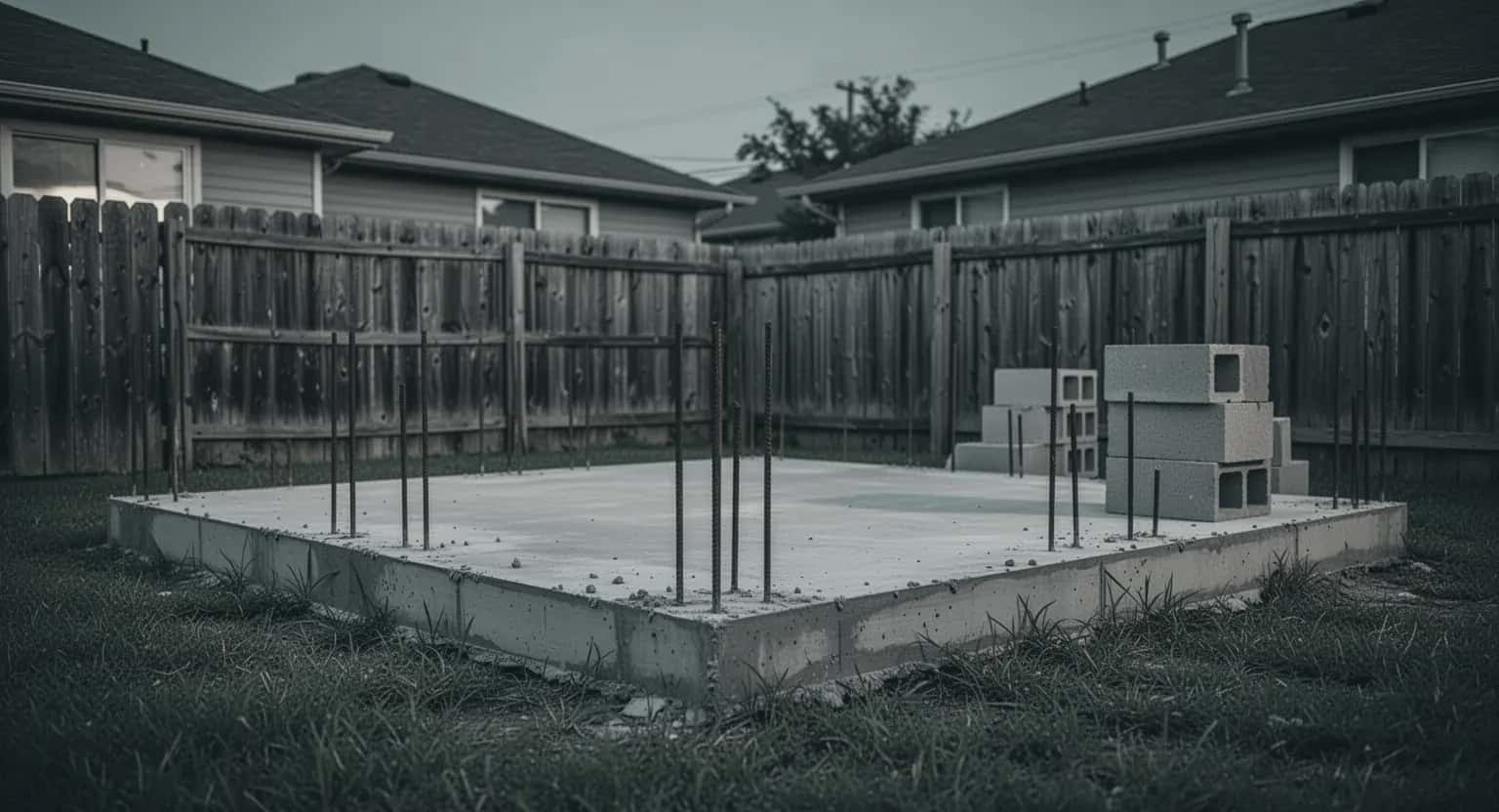 O fundație nouă de beton cu bare de armătură, lângă gardul de lemn dintre două curți
