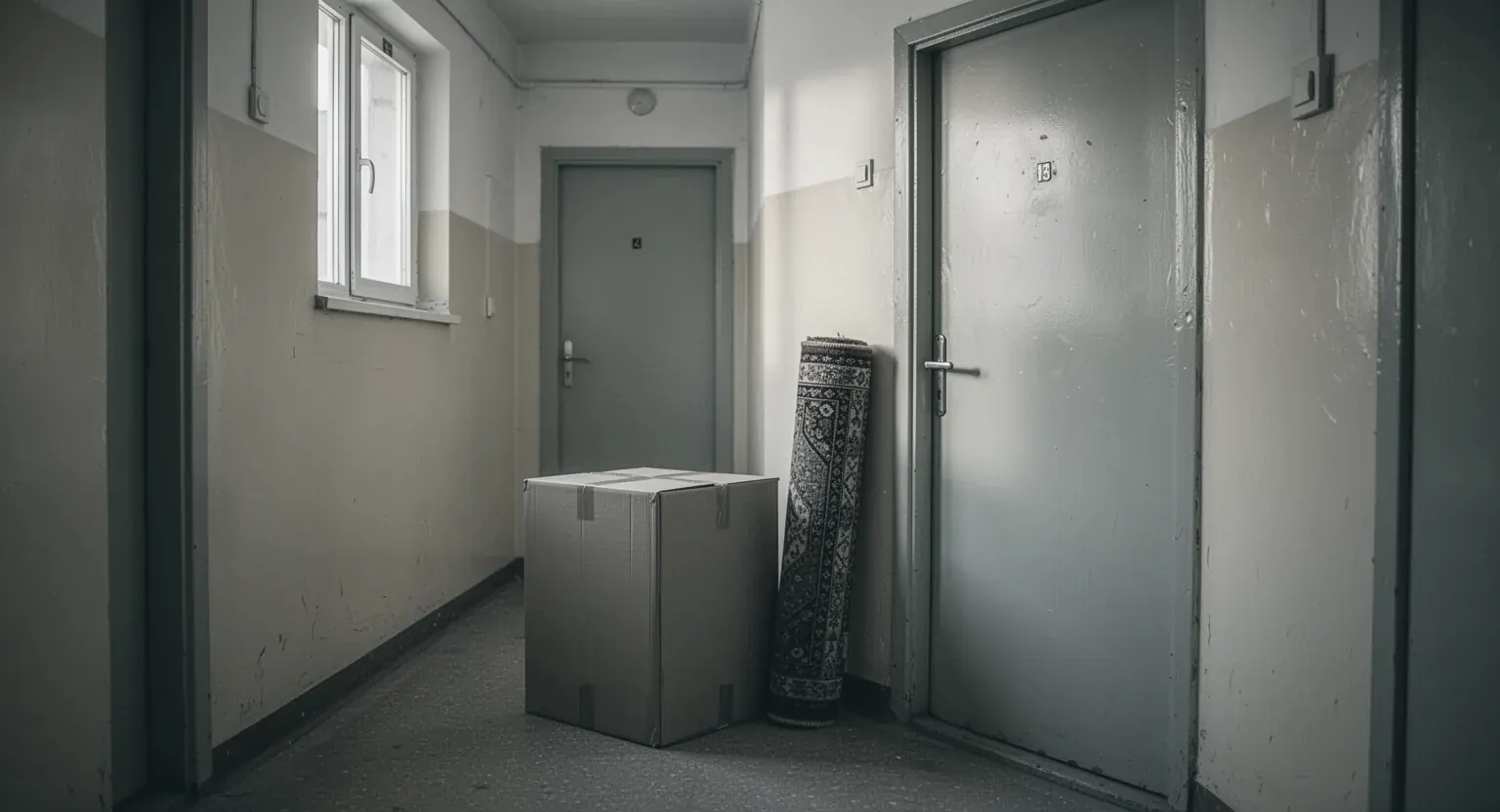 Holul unui bloc vechi, cu o cutie de mutare și un covor rulat lângă ușa unui apartament