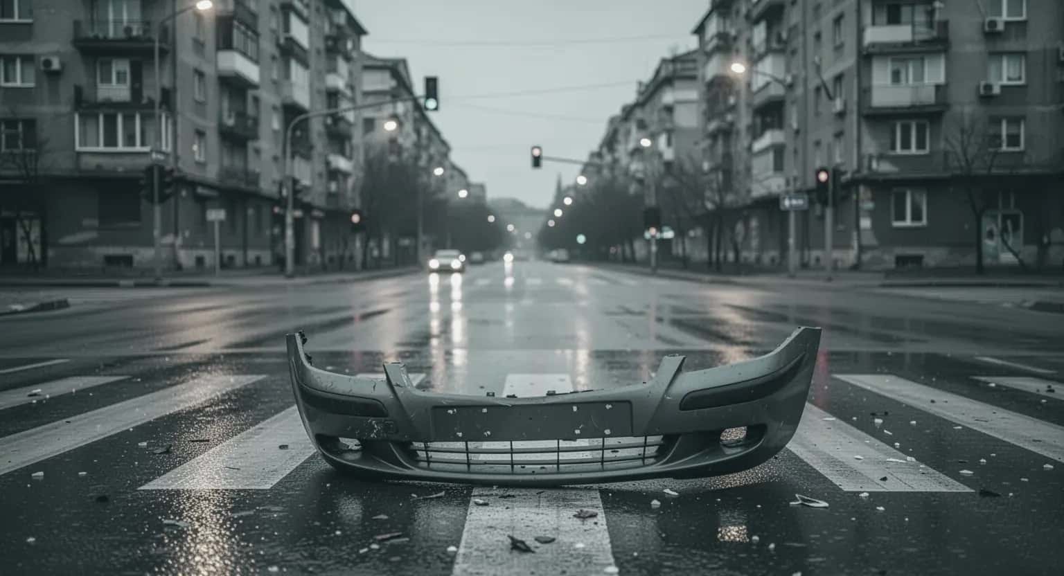O bucată de bară de protecție căzută pe trecerea de pietoni a unei intersecții între blocuri, pe asfaltul ud