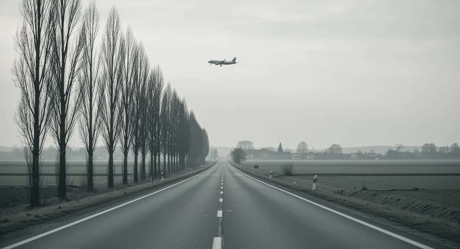Un drum drept printre câmpuri, cu un șir de plopi și un avion care coboară spre aeroport
